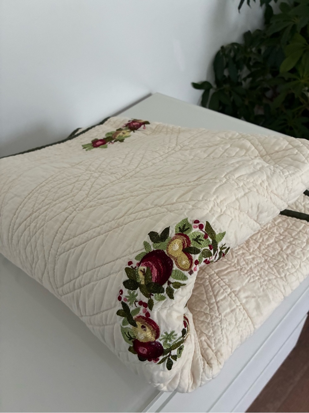 William Rast Cream Quilted Coverlet with Fruit Embroidery